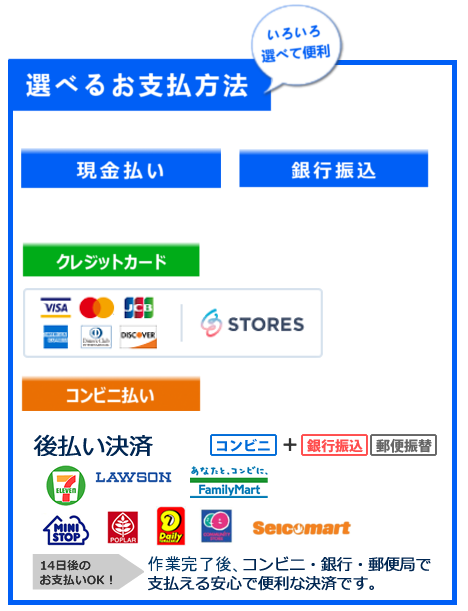 お支払方法（振込　コンビニ　後払い　クレジットカード）